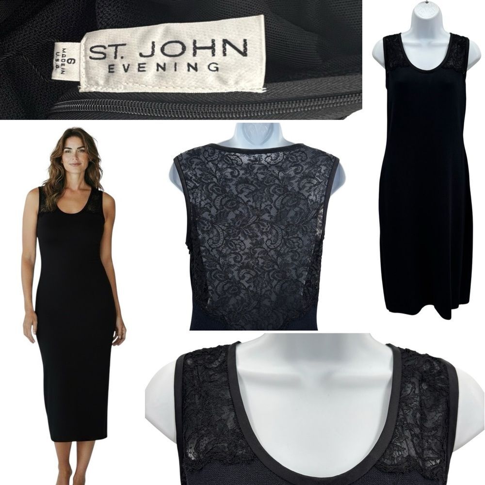 St. John Evening Black Sleeveless Bodycon Knit Sheer Lace Back Midi Dress Sz. 6